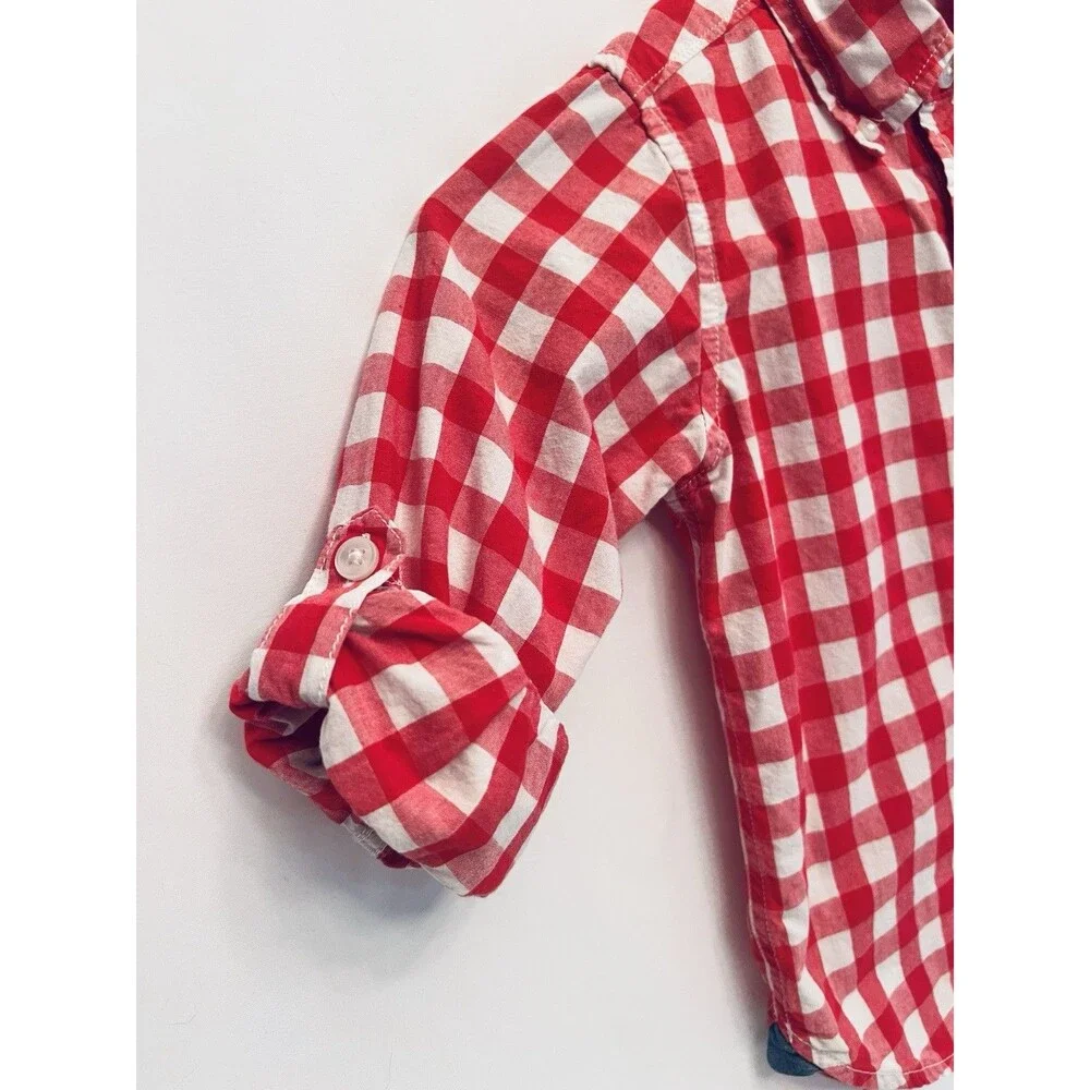 Gap Toddler Boys 4T Red White Gingham Button Down Shirt Roll Tab Sleeves Cotton